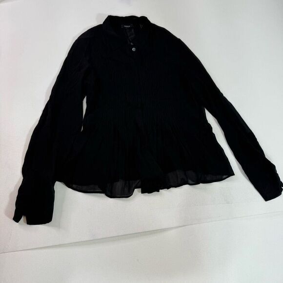 Theory Shirt Women Large Black Silk Pleated Button Down Dionelle Texture Chiffon - Picture 1 of 9